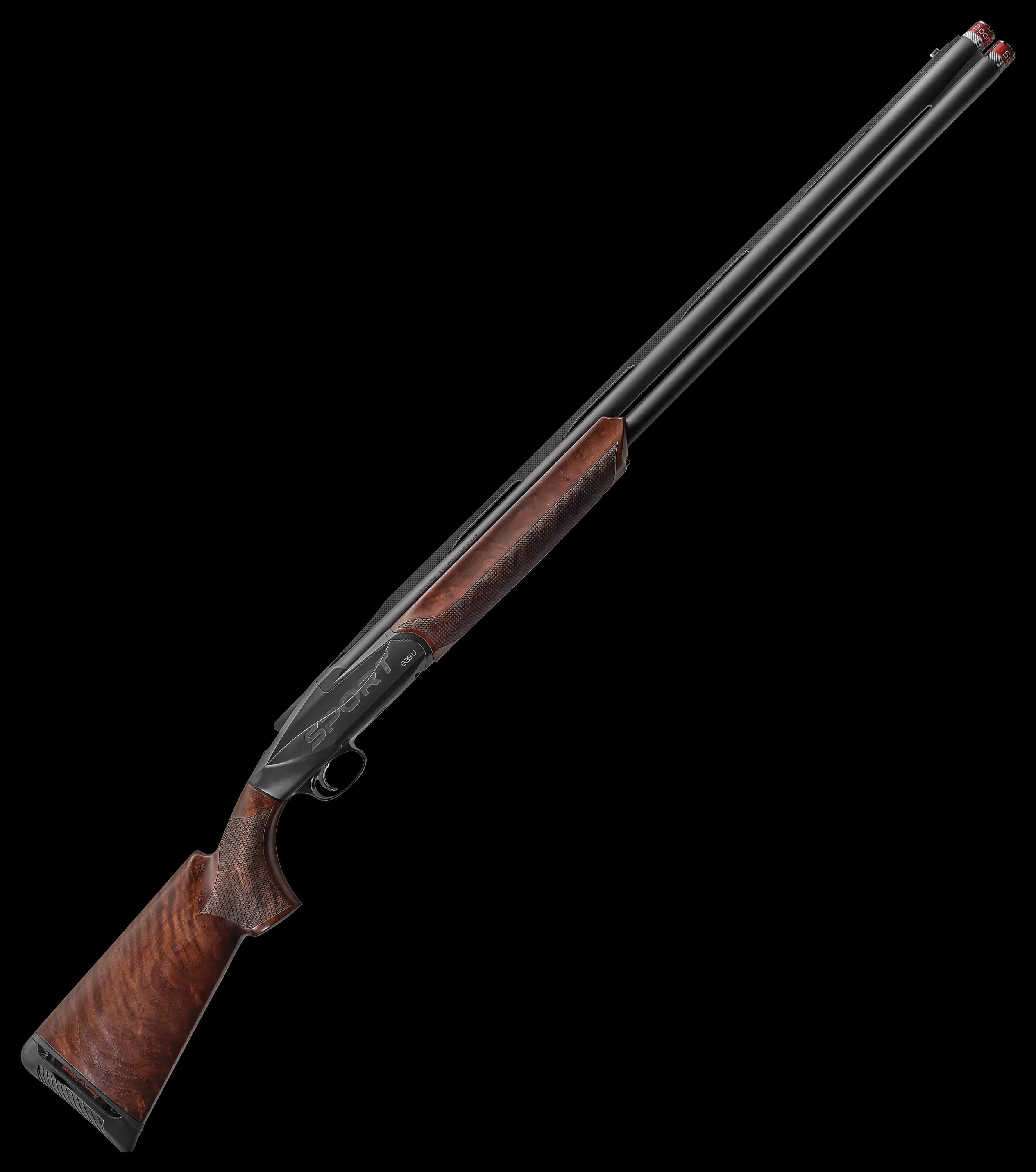 Benelli 828U Sport over-under shotgun, matte blued with AA walnut stock and forend, barrels angled up to the right.