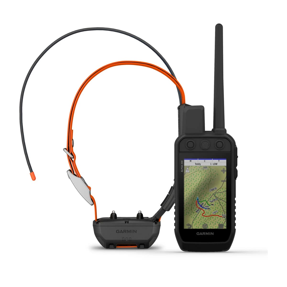 Garmin Alpha 200 Plus handheld with a topographic map on its screen beside an Alpha TT 25 collar with an orange strap.