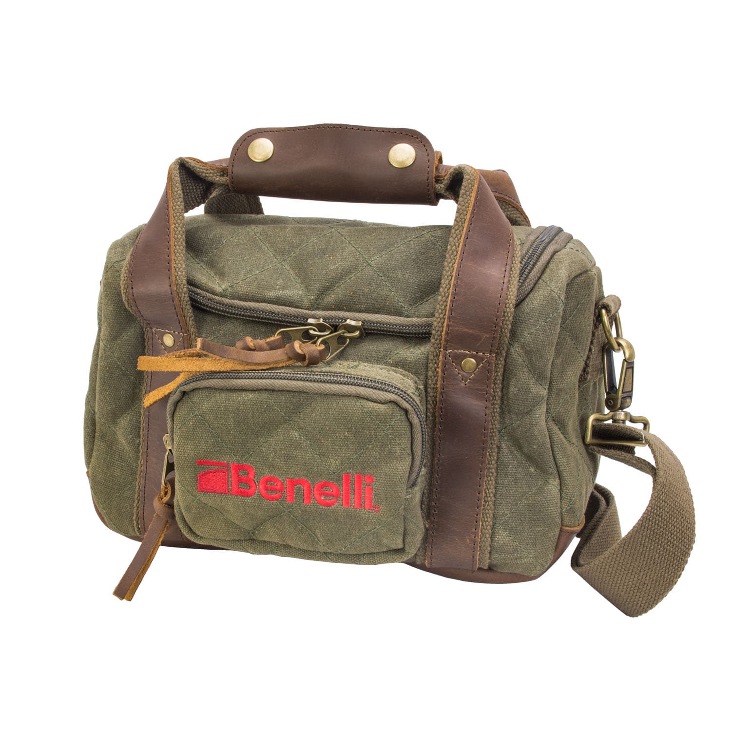 Benelli Lodge Shell Carrier in olive waxed cotton: diamond stitching, brown leather handles and a red Benelli mark on the front pocket.