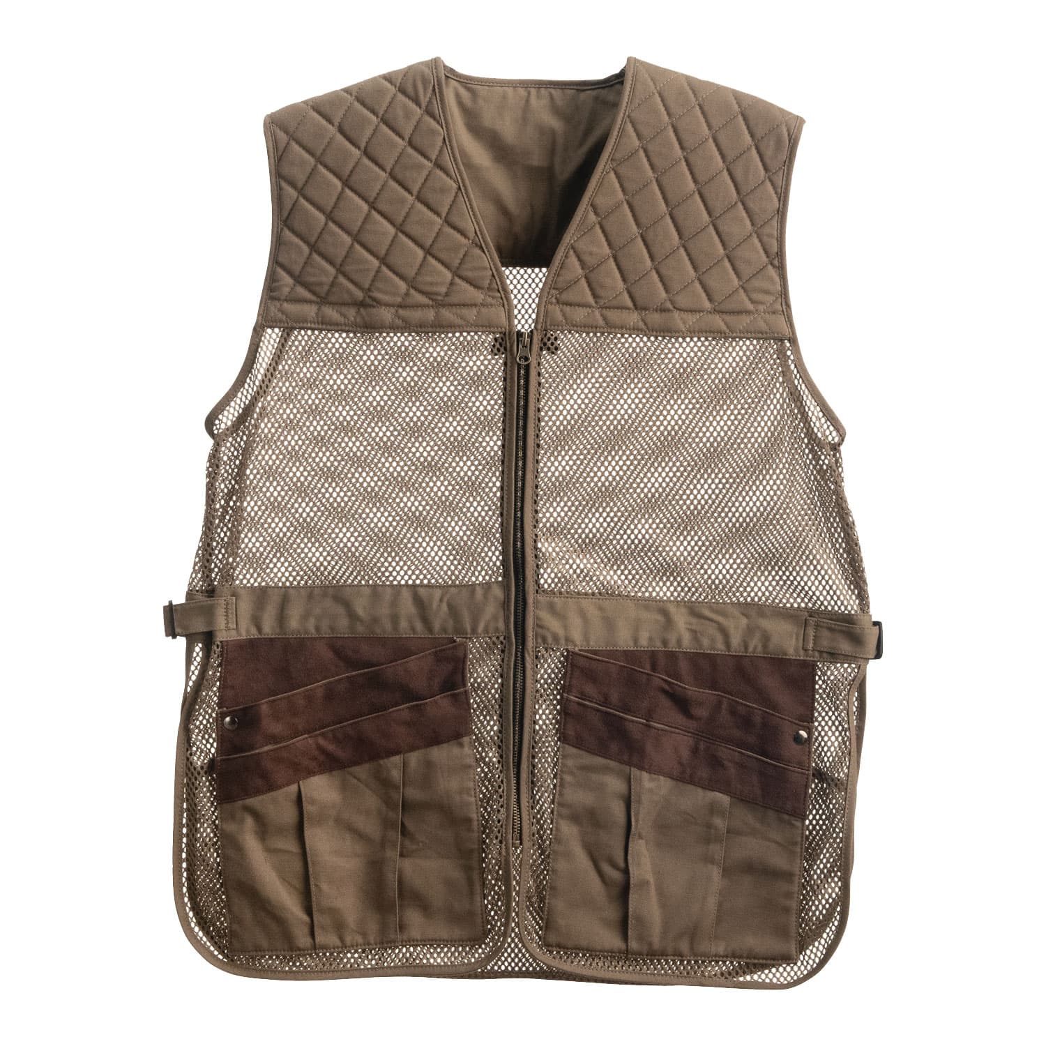 Benelli Sporting Vest in olive and tan: mesh body, quilted shoulders, zip front, two large shell pockets with suede facings.