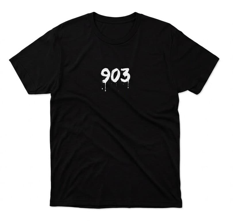 A black t-shirt with 903 printed across the chest in white dripping paint.