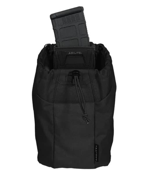 Agilite Mag-Release Dump Pouch in black Cordura, opened, with a black rifle magazine standing in it and the drawstring hanging down the front.