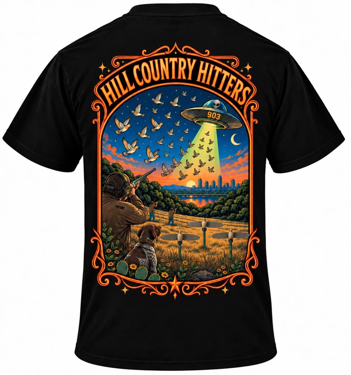 The back of a black t-shirt: a full-colour print of a dove field at sunset, a flying saucer marked 903 beaming doves down over a hunter and his dog, framed in orange scrollwork under the words Hill Country Hitters.