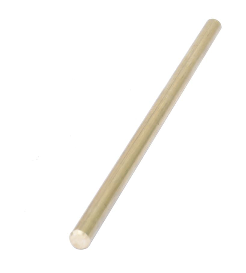 A plain brass squib rod lying diagonally on white, a smooth round rod with flat cut ends, running from lower left to upper right.