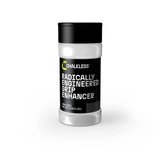 Chalkless grip enhancer in a clear shaker bottle with a black cap and a black label reading Radically Engineered Grip Enhancer, 0.28 oz.