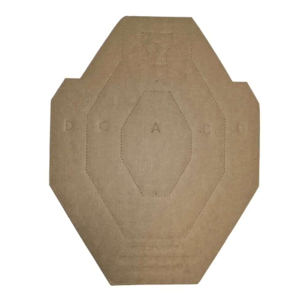 A PCSL Competition Target in tan cardboard: an octagonal non-humanoid card with notches cut into the upper edges, the A, C and D zones and the small T zone near the top perforated into the board.