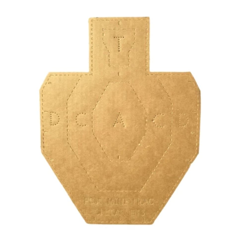 A half-scale PCSL Mini Practical Target in tan cardboard: the same square-shouldered silhouette with a raised head, the A, C, D and T zones perforated in, and PCSL MINI PRAC stamped along the bottom.