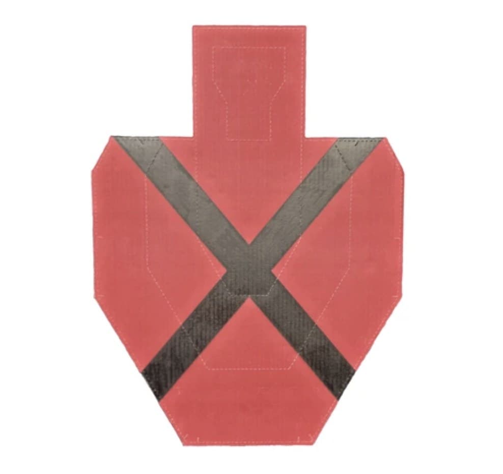 A PCSL Practical Target no-shoot: the same square-shouldered silhouette with a raised head, printed solid red with a wide black X across the body, the scoring zones still perforated faintly underneath.