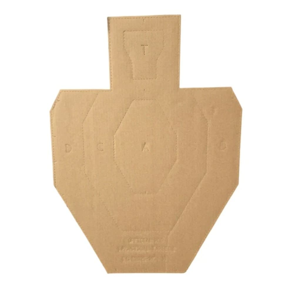 A PCSL Practical Target in tan cardboard: a square-shouldered silhouette with a raised head, the A, C and D zones and the small T zone in the head perforated into the board, and the CHL Targets stamp along the bottom.