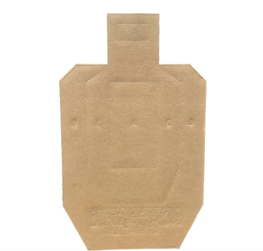 An official USPSA cardboard target in tan, the head-and-torso silhouette with the A, C and D scoring zones perforated in and the CHL Targets license stamped along the bottom.
