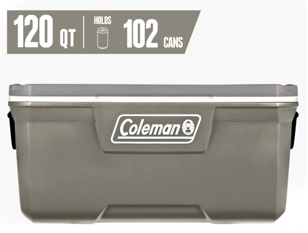 A Coleman 120-quart hard cooler in Silver Ash, seen from the front with the white Coleman badge on its face, under a grey banner reading 120 QT, holds 102 cans.