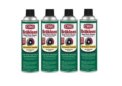 Four 14-ounce aerosol cans of CRC Brakleen non-chlorinated brake parts cleaner standing in a row, white cans with the red CRC badge and green label.