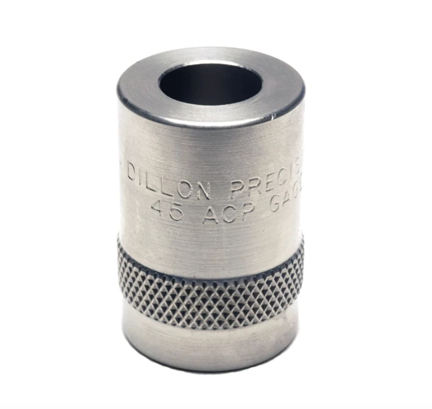 A Dillon Precision pistol case gauge standing upright: a knurled stainless cylinder with a chamber bored down the middle, stamped DILLON PRECISION 45 ACP GAGE around the side.