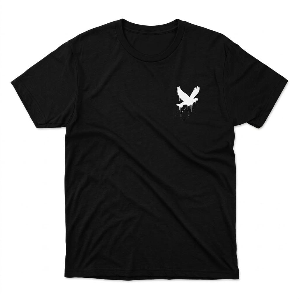 A black t-shirt with a white dove in flight, dripping, printed on the left chest.