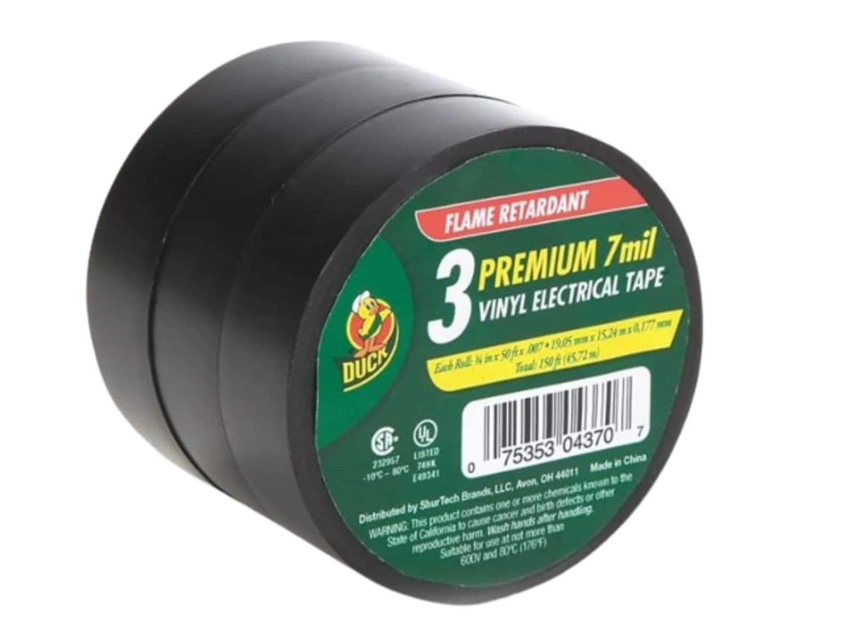Three rolls of Duck black vinyl electrical tape stacked on their sides, the front roll showing a green label reading 3 Premium 7 mil Vinyl Electrical Tape, Flame Retardant.