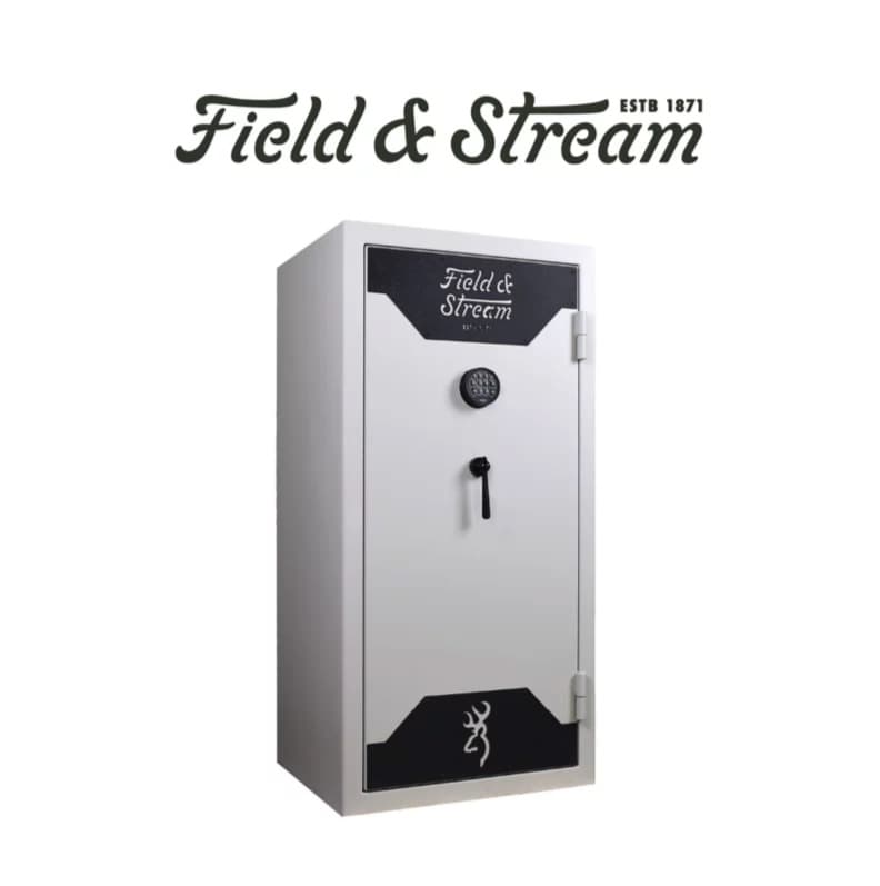 A Field & Stream 33-long-gun safe in textured putty, an upright light-grey safe with a black door panel at top and bottom, an electronic keypad, a three-spoke handle and a Browning Buckmark on the lower panel, under a Field & Stream wordmark.