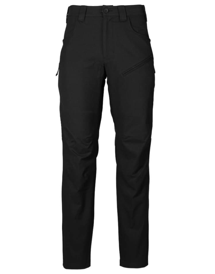 First Lite Men's 308 Pant in Black laid flat on white, button waist, belt loops, angled front pockets, a zip pocket on the right thigh and a knife pocket on the left.