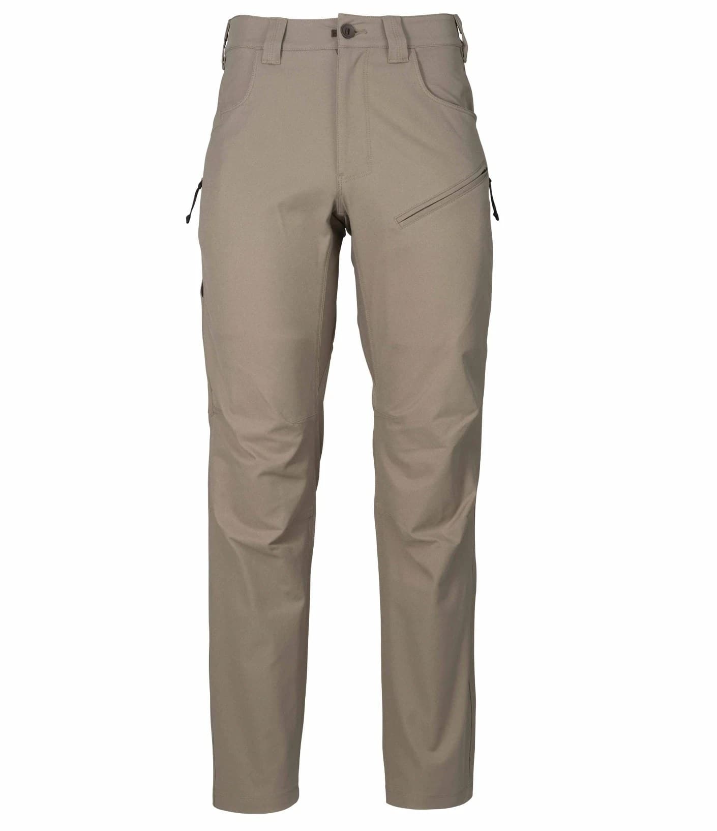 First Lite Men's 308 Pant in Walnut hanging front on, button waist, belt loops, angled front pockets, a zip pocket on the right thigh and a knife pocket on the left.