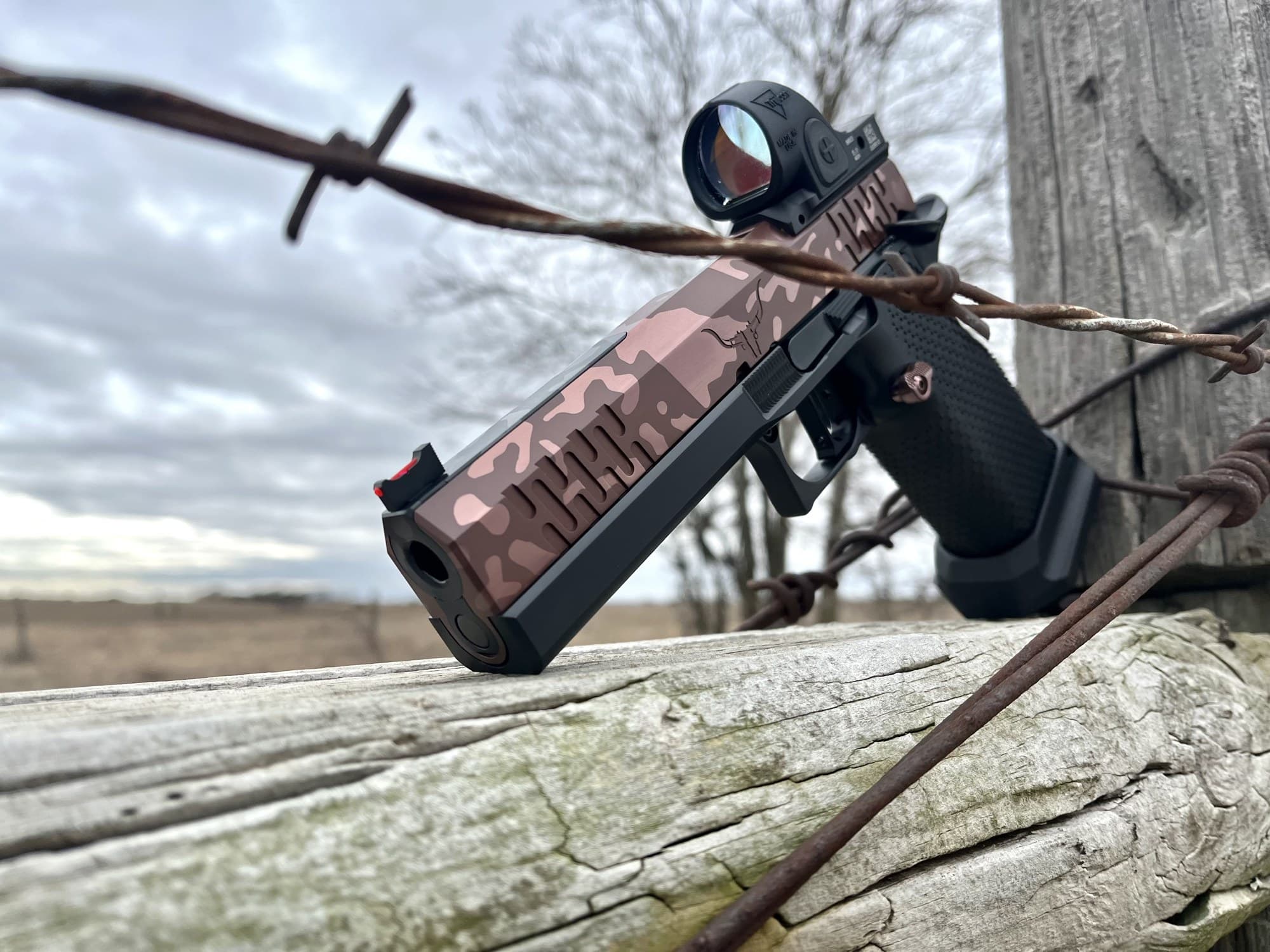 The Hayes Custom 2011 resting on a weathered fence rail under barbed wire: the ghosted rose PVD slide, the rattler cuts, the horns, the red fibre-optic front sight and the red dot.