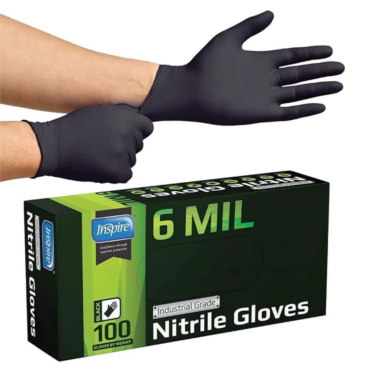A pair of hands in black nitrile gloves above a dark green Inspire box reading 6 MIL Industrial Grade Nitrile Gloves, black, 100 gloves by weight.