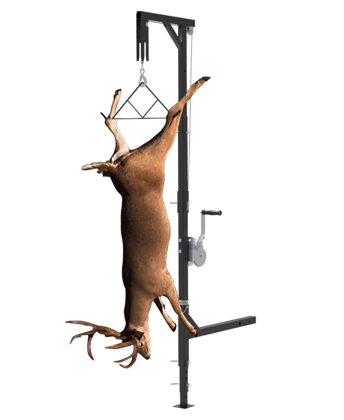 A black hitch-mount deer hoist with a hand-crank winch on the post and a boom across the top, a whitetail buck hanging head down from the gambrel.