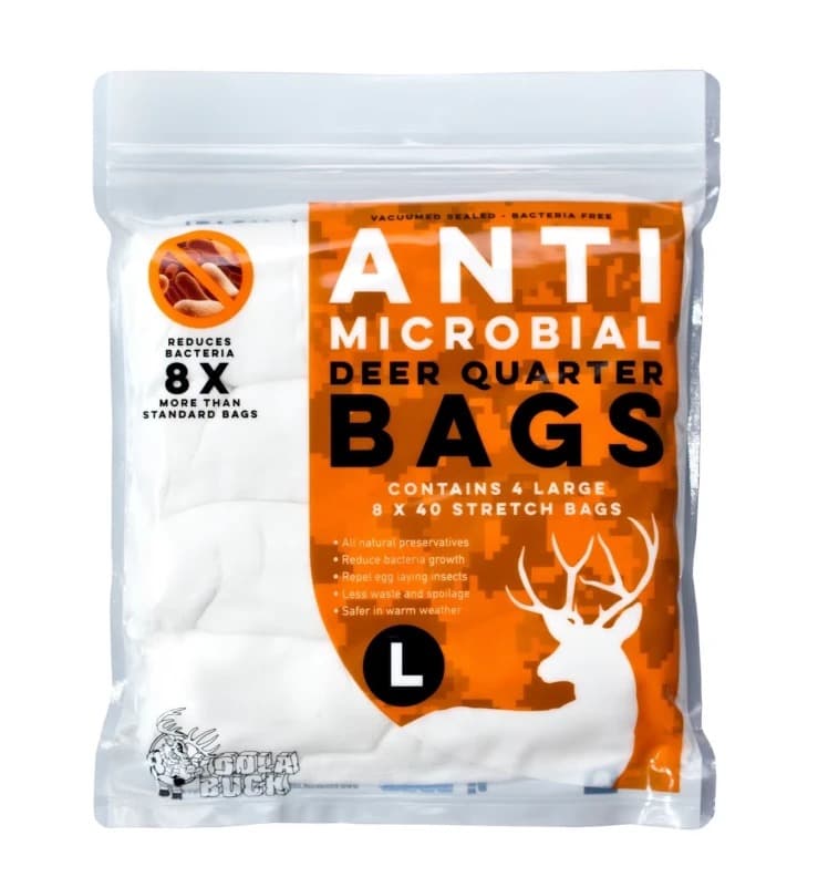 A vacuum-sealed pack of Koola Buck anti-microbial deer quarter bags, white bags behind an orange digital-camo label reading Anti Microbial Deer Quarter Bags, contains 4 large 8 x 40 stretch bags.