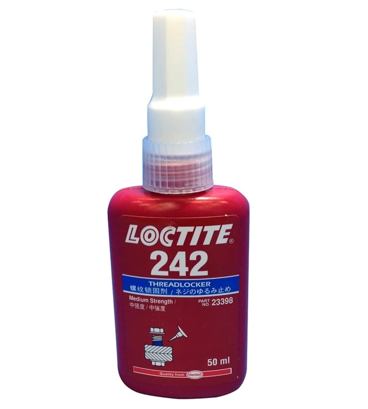 A 50 ml bottle of Loctite 242 threadlocker standing upright: red bottle with a white nozzle cap, LOCTITE 242 THREADLOCKER on the label and Medium Strength, part no 23398.
