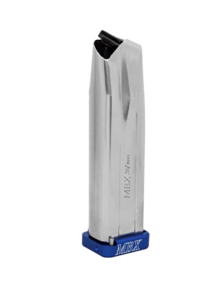 An MBX 141mm 2011 magazine: polished stainless tube marked MBX 38/9mm, black follower, blue MBX basepad.