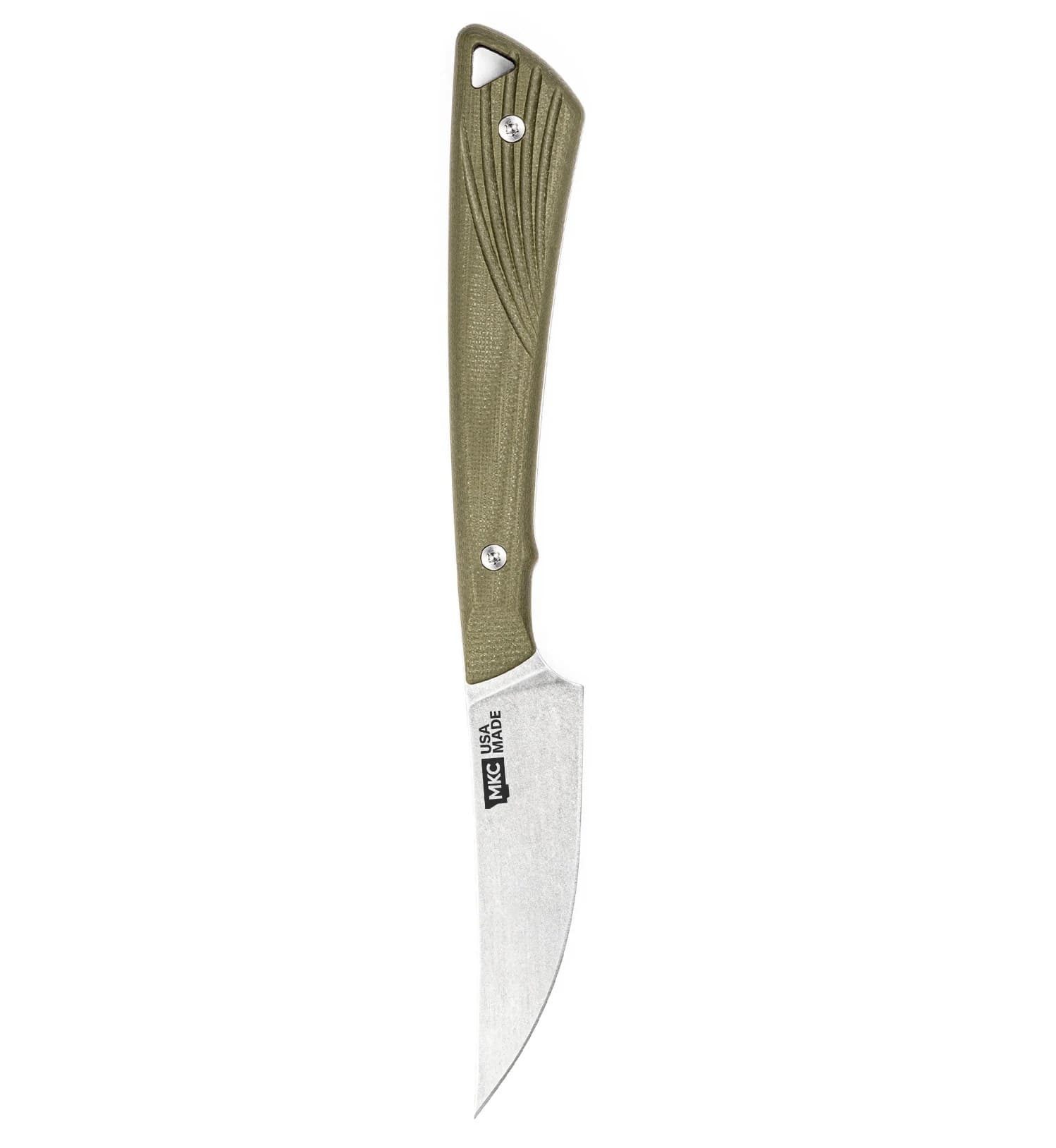 A Montana Knife Company Sharptailed knife standing point down: an olive composite handle carved with sweeping wing-feather lines above a stonewashed upswept blade marked MKC USA MADE.