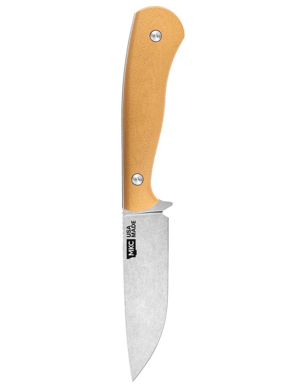 A Montana Knife Company Whitetail standing point down: a tan Buck Skin composite handle on two silver screws above a stonewashed drop-point blade marked MKC USA MADE.