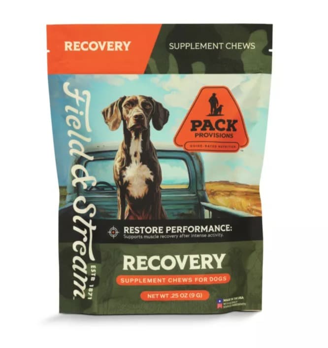 A pouch of Field & Stream Pack Provisions Recovery supplement chews for dogs, a pointer sitting in the bed of a pickup on the front under an orange Recovery banner, green camo along the bottom.