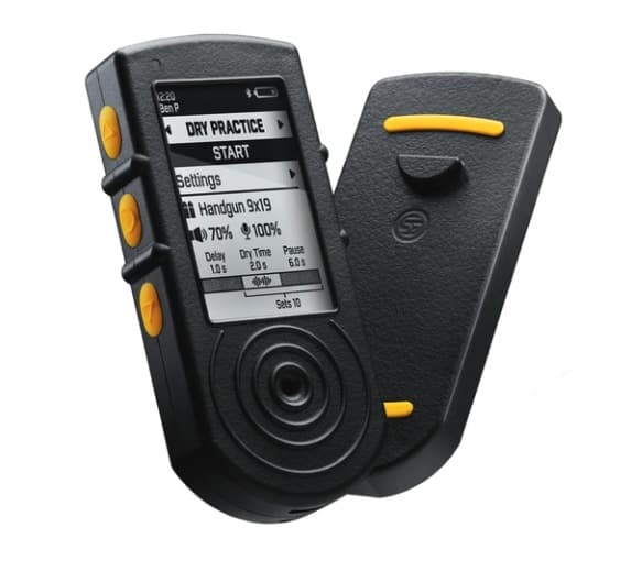 Shooters Global SG Timer 2, two units shown front and back: the front with its screen in Dry Practice mode and three yellow side buttons, the back with the yellow-trimmed U-Grip mount.