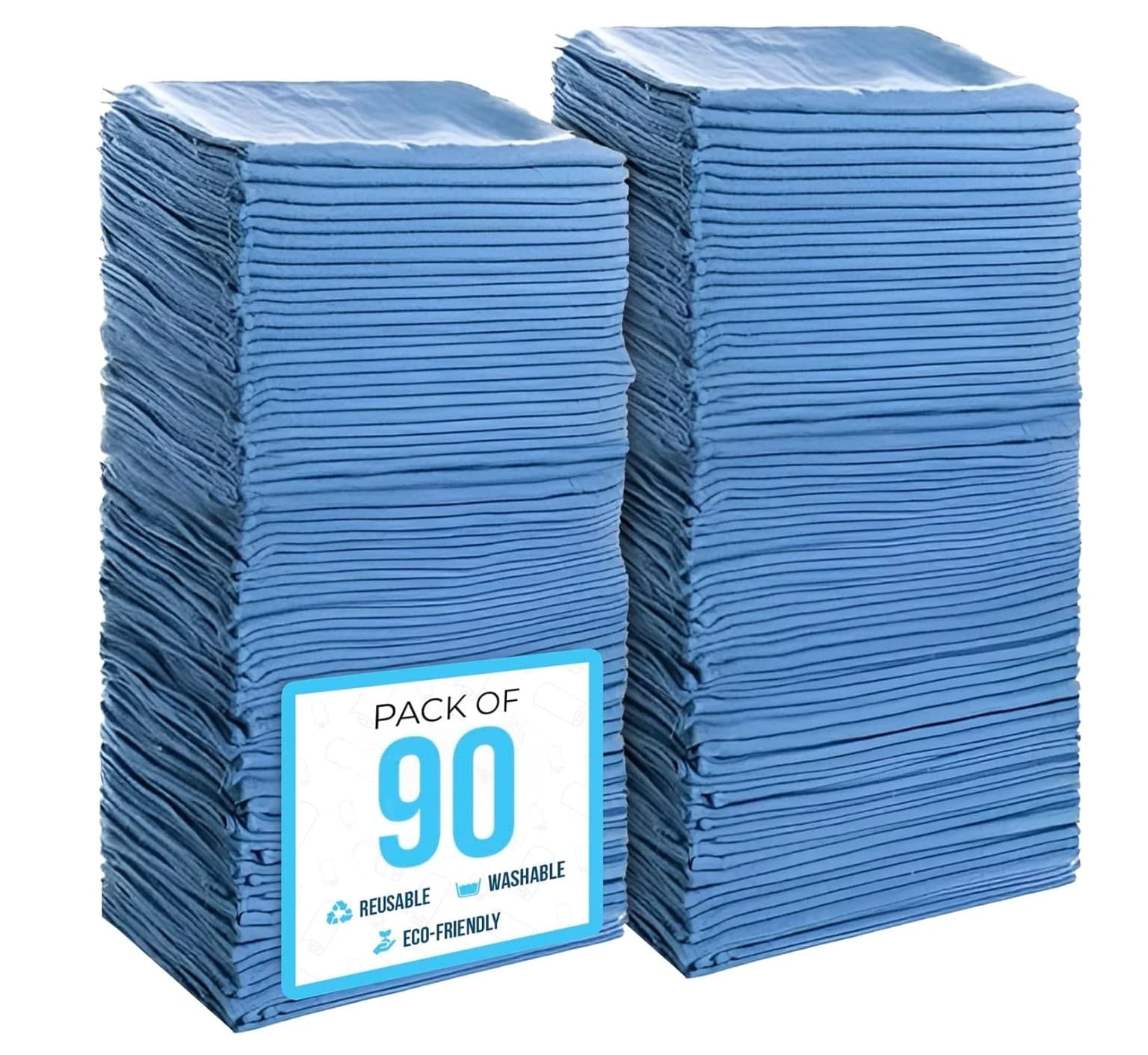 Two tall stacks of folded blue cotton shop towels side by side on white, with a square badge over the lower left reading PACK OF 90, reusable, washable, eco-friendly.