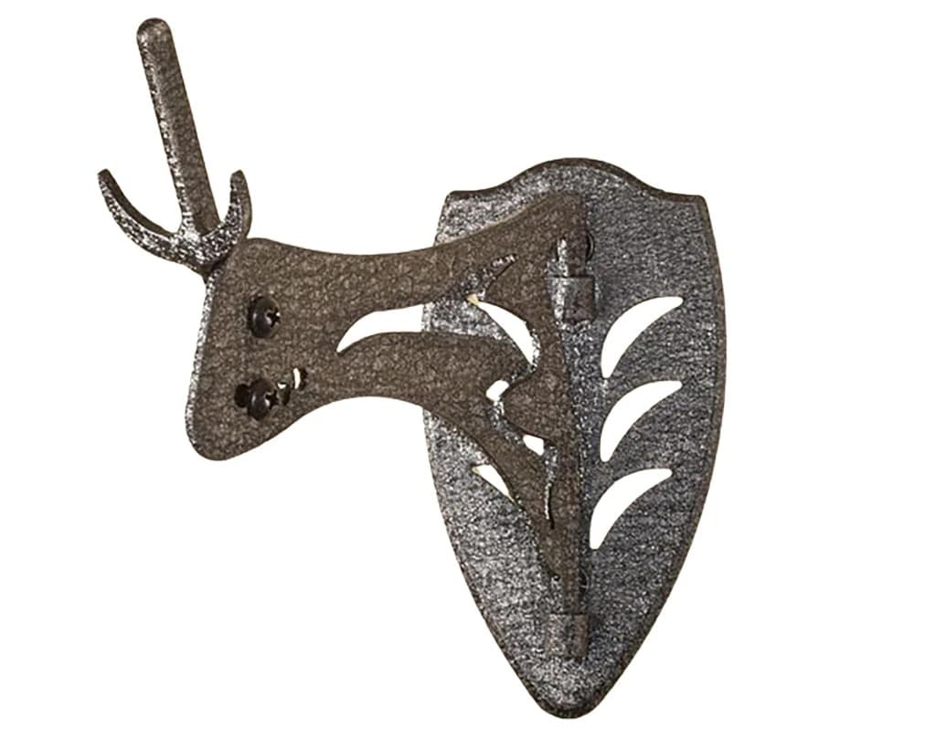 A Skull Hooker Little Hooker in graphite black, a shield-shaped steel wall plate with a short hinged arm ending in a three-prong hook, shown without a skull.