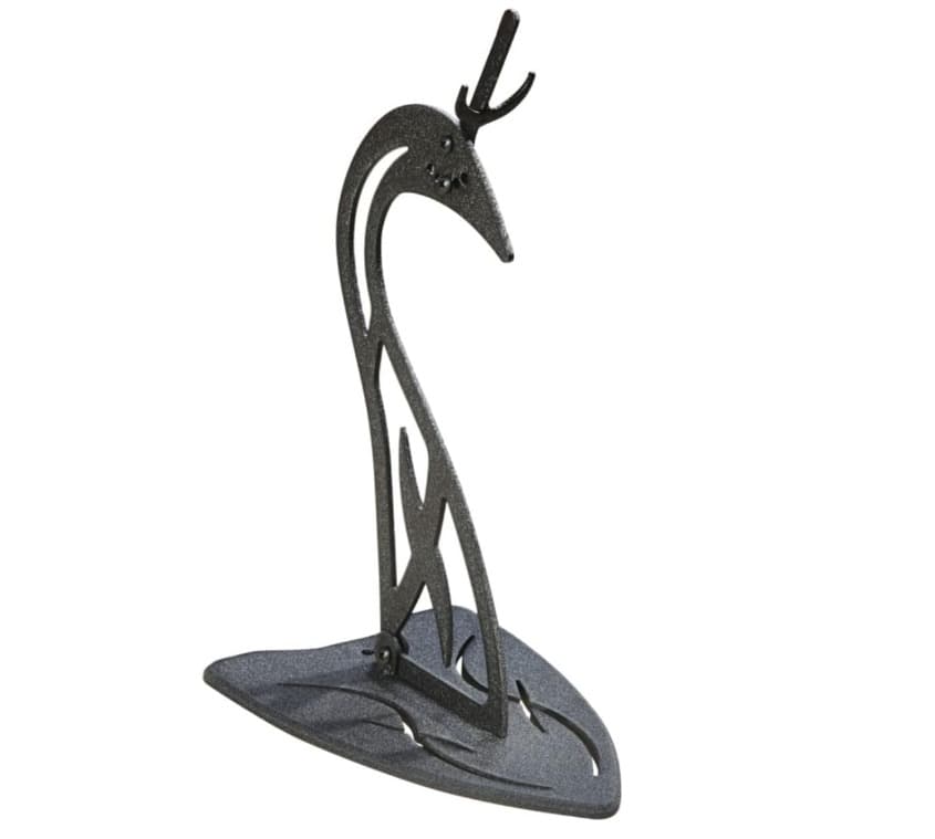 A Skull Hooker Table Hooker in graphite black, a curved steel arm rising from a heavy triangular base plate with a three-prong hook at the top, shown without a skull.