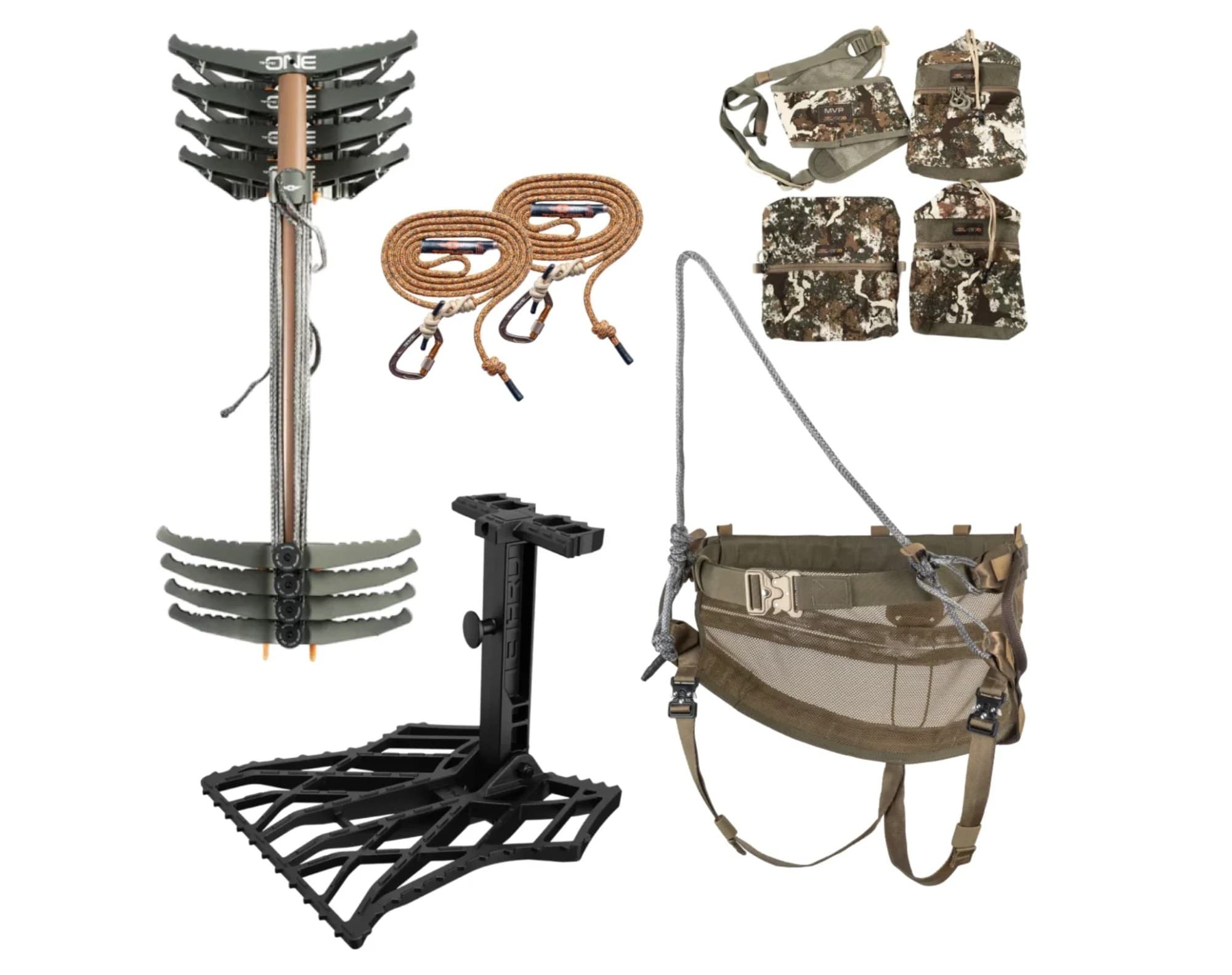 The Tethrd Phantom XP starter kit laid out on white: four nested One Sticks at the left, two coiled ropes with carabiners, the black Predator V platform, the Phantom XP saddle with its bridge rope, and four camo accessory pouches at the top right.