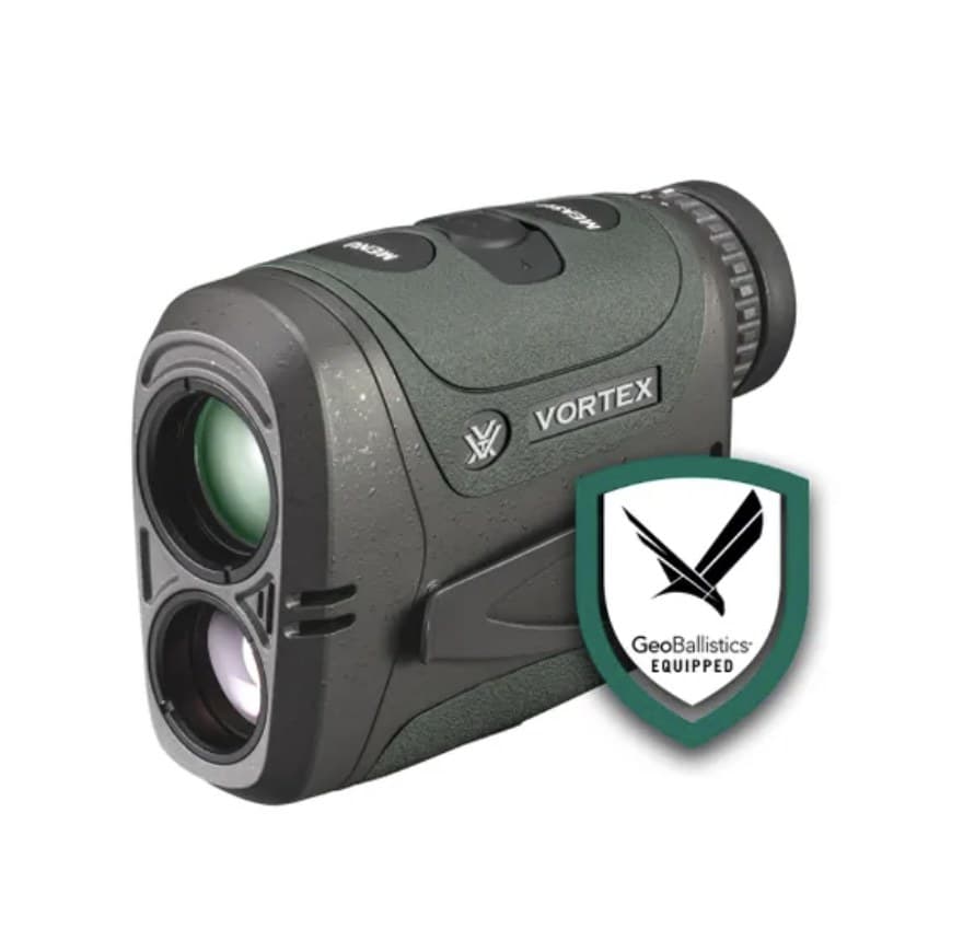 A green Vortex Razor HD 4000 GB laser rangefinder from the front-left, the two lenses stacked on its face and VORTEX on the side, with a GeoBallistics Equipped shield badge at the lower right.