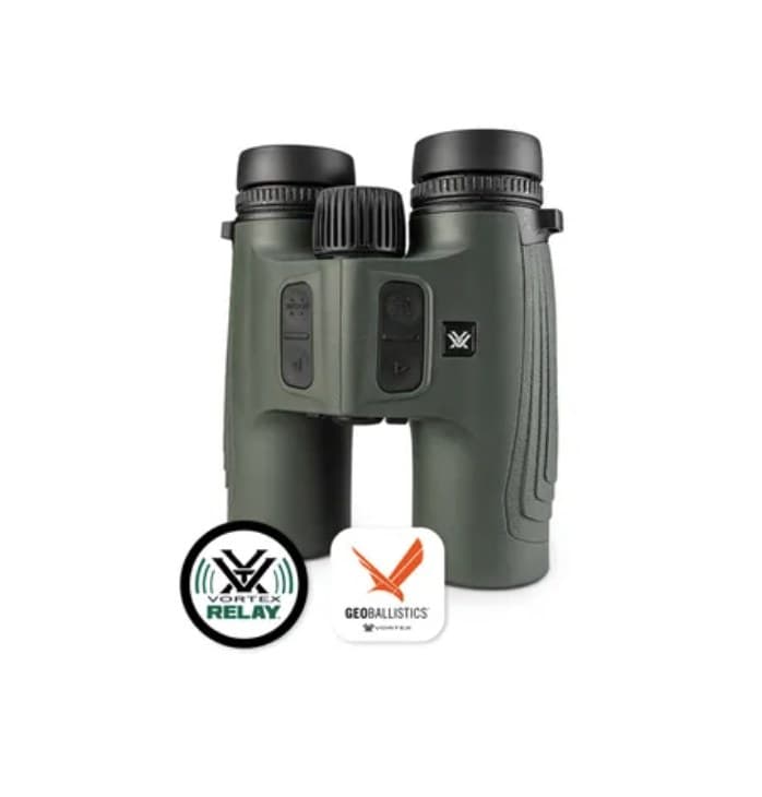 A green Vortex Talon HD 10K 10x42 rangefinding binocular standing upright on white, black eyecups and focus wheel on top, the ranging buttons on the barrels, with a round Vortex Relay badge and a square GeoBallistics badge at the lower left.