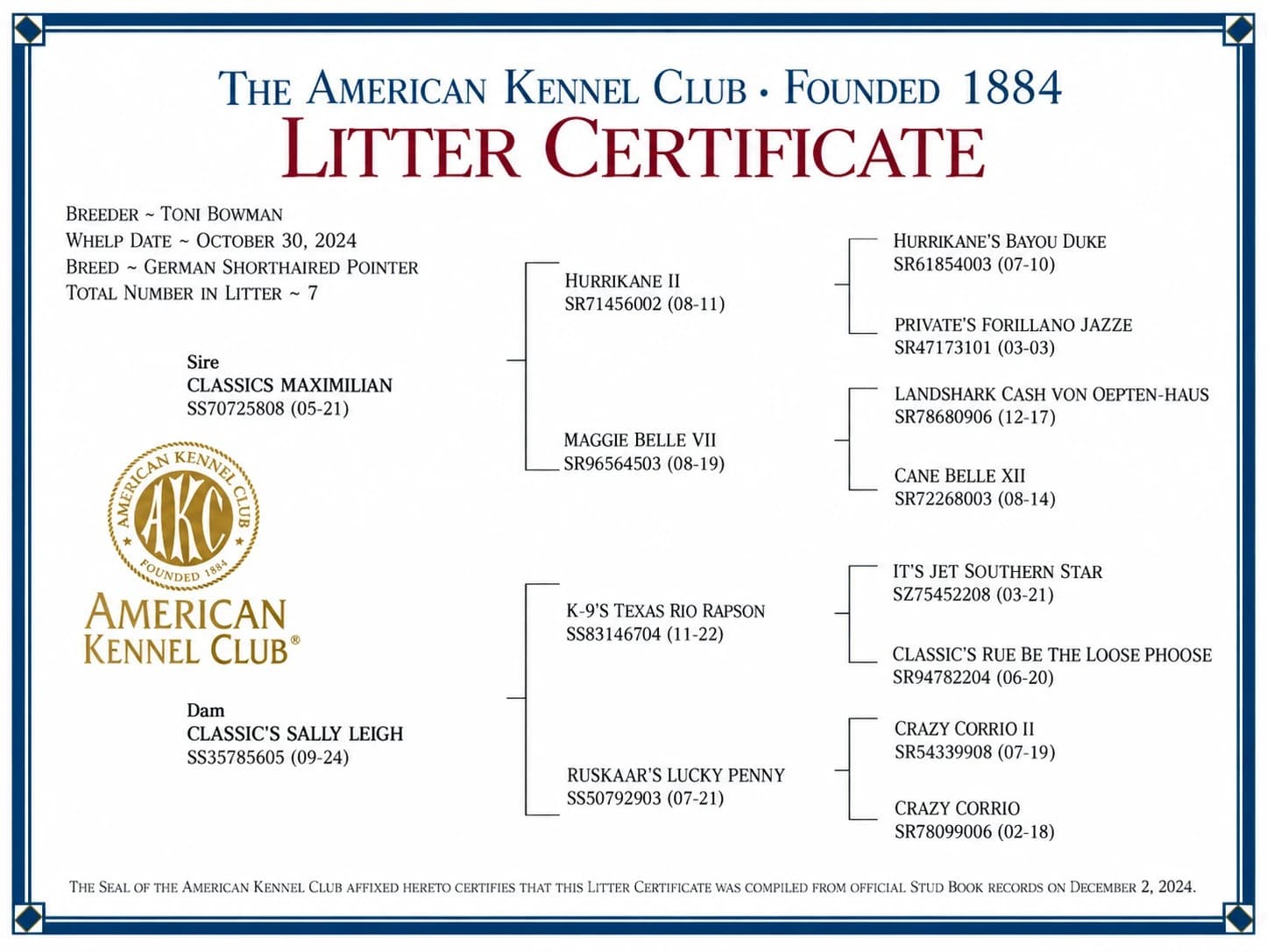 AKC Litter Certificate for Felker Leigh Kropff's litter, whelped October 30, 2024: sire Classics Maximilian, dam Classic's Sally Leigh