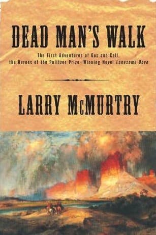 Cover of Dead Man's Walk by Larry McMurtry: riders under red sandstone buttes in a stormy Western painting