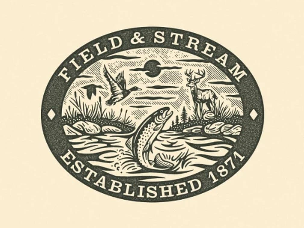 Field & Stream emblem: a trout leaping, a duck and a whitetail buck, engraved