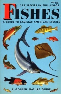 Cover of Fishes, a Golden Nature Guide: a swordfish, a stingray, trout and reef fish painted on pale blue