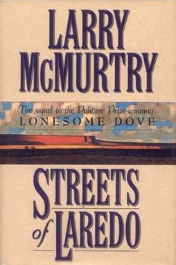 Cover of Streets of Laredo by Larry McMurtry: purple title lettering around a strip of desert landscape with riders
