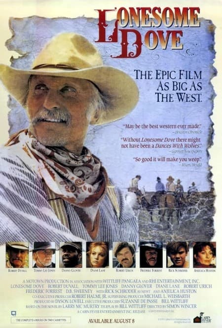 Lonesome Dove poster: Robert Duvall as Gus McCrae in a battered straw hat, with the cast in a row below.