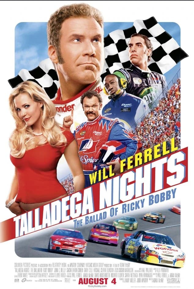 Talladega Nights poster: Will Ferrell as Ricky Bobby in his Wonder Bread fire suit under a checkered flag.