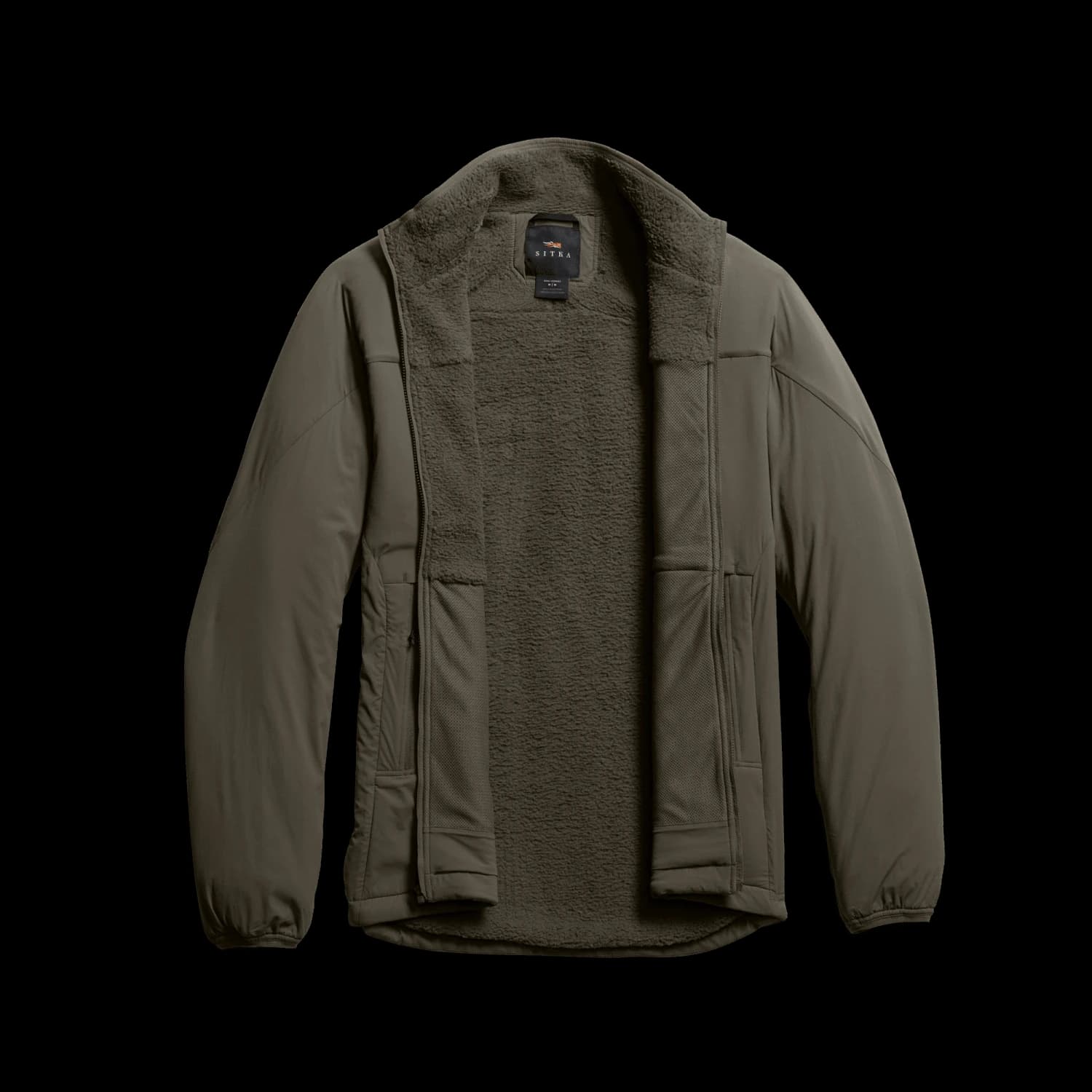 Sitka Gear Ambient 200 Jacket in pyrite, open, showing the fleece lining