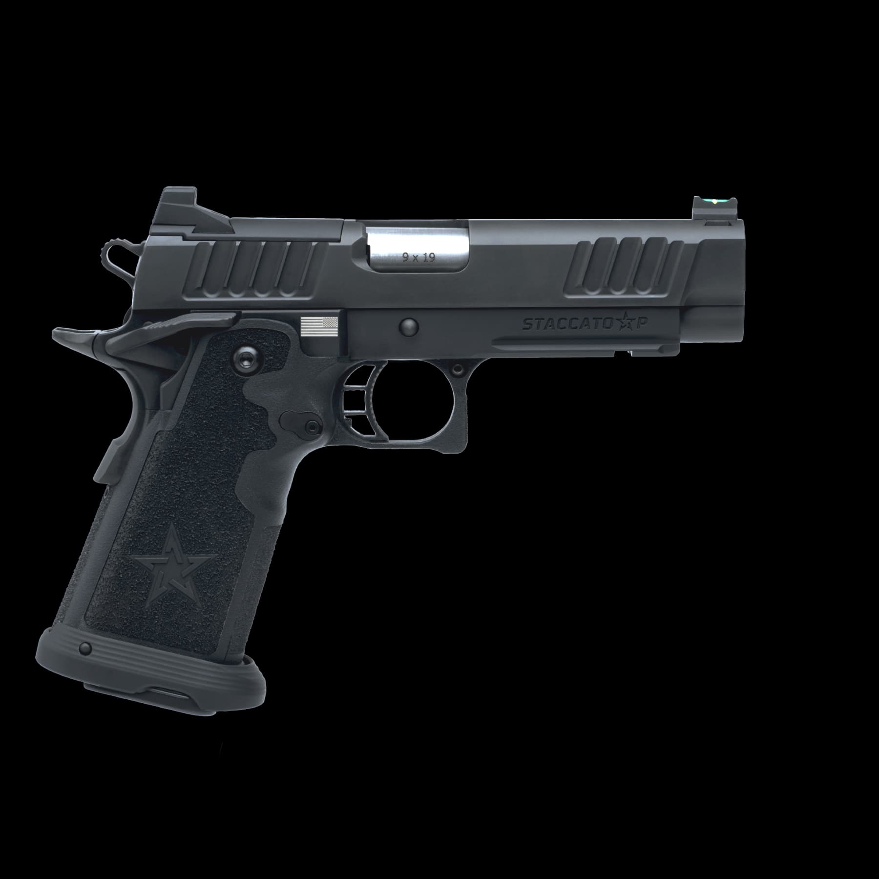 Staccato P, right side: black DLC slide with a stainless bull barrel, black frame and grip, magwell, green fibre-optic front sight.