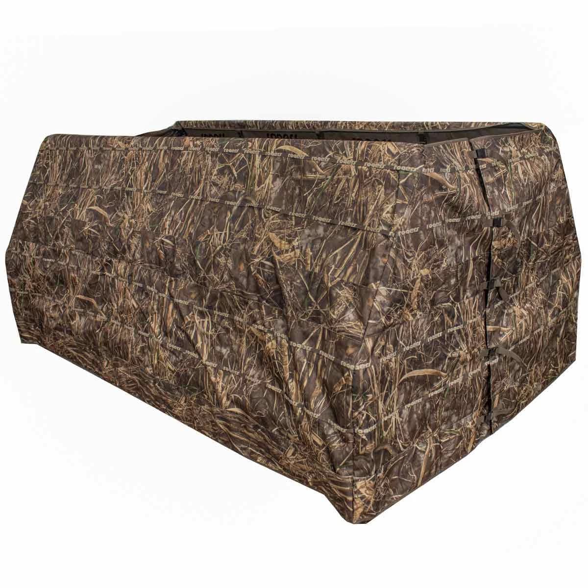 Rogers Goosebuster 3 Man Blind in Realtree Max-7 camouflage, closed, seen from the front corner on white.