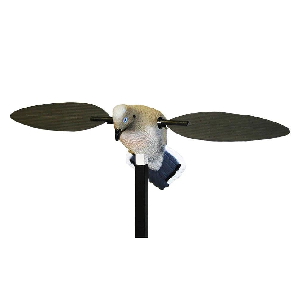 Mojo Voodoo Dove decoy on its pole, wings spread wide, seen from the front.