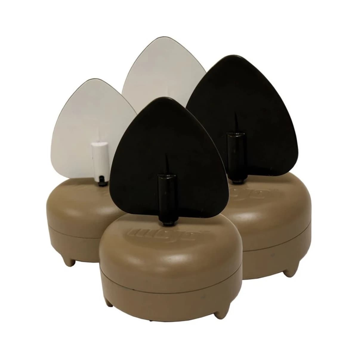 Four Mojo Dove A Flickers: tan puck bases with a single teardrop wing standing on each, two white and two black.